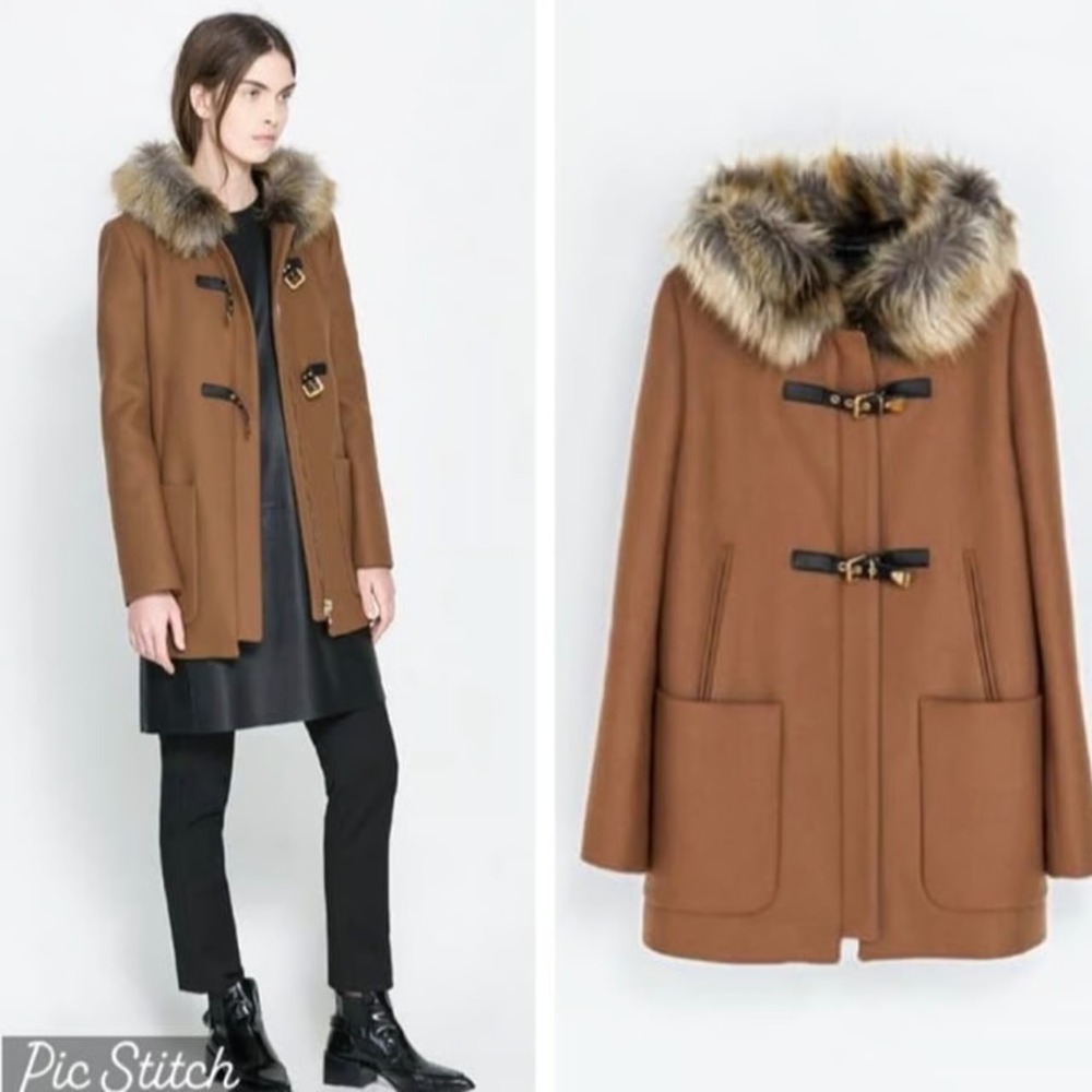 Women's ZARA Camel Brown Duffle Wool Blend Buckle Faux Fur Hood Long Pea Coat XS
